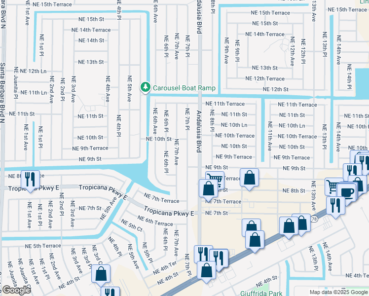 map of restaurants, bars, coffee shops, grocery stores, and more near 852 Northeast 7th Place in Cape Coral