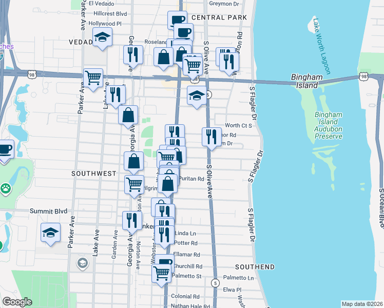 map of restaurants, bars, coffee shops, grocery stores, and more near 325 Murray Road in West Palm Beach