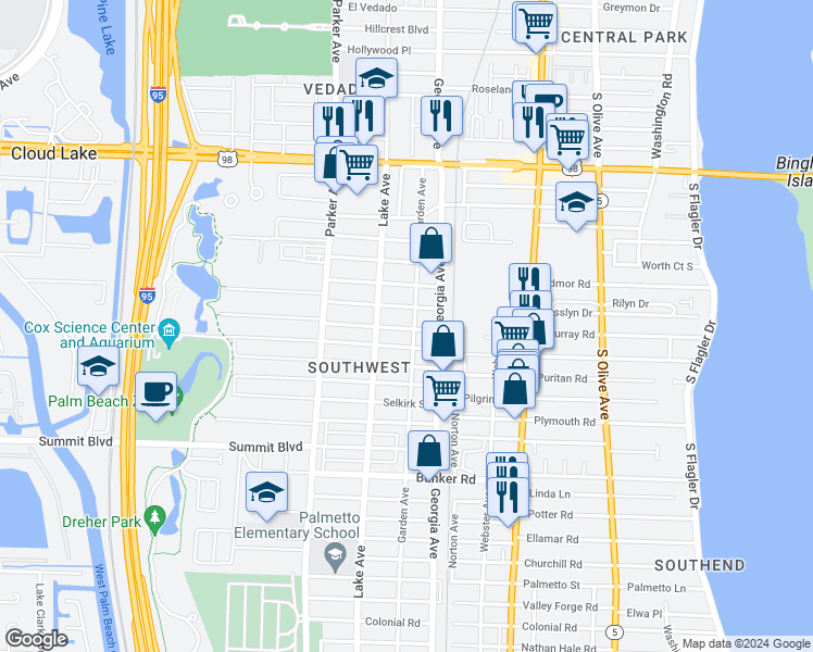 map of restaurants, bars, coffee shops, grocery stores, and more near 4716 Garden Avenue in West Palm Beach