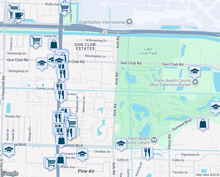 map of restaurants, bars, coffee shops, grocery stores, and more near 461 Kirk Road in West Palm Beach