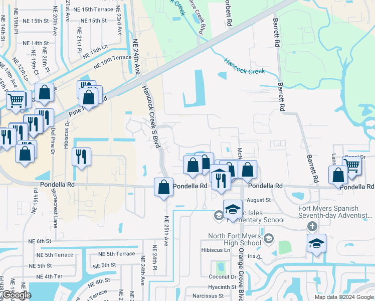 map of restaurants, bars, coffee shops, grocery stores, and more near 1051-1149 Winding Pines Circle in North Fort Myers