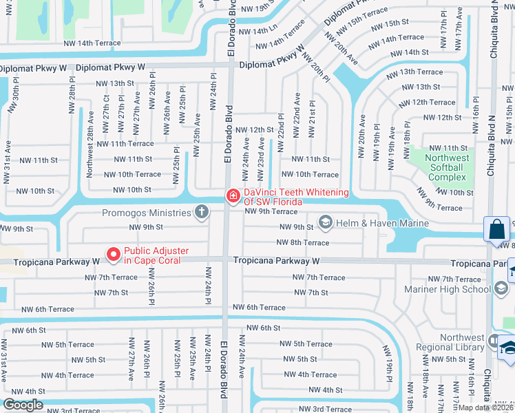 map of restaurants, bars, coffee shops, grocery stores, and more near 2303 Northwest 9th Terrace in Cape Coral