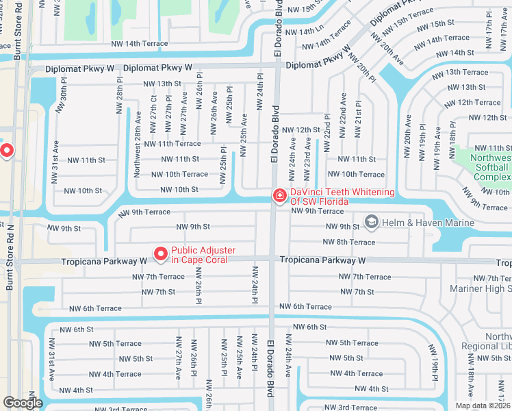 map of restaurants, bars, coffee shops, grocery stores, and more near 2413 Northwest 9th Terrace in Cape Coral