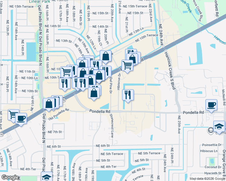 map of restaurants, bars, coffee shops, grocery stores, and more near 1302 Del Pine Drive in Cape Coral