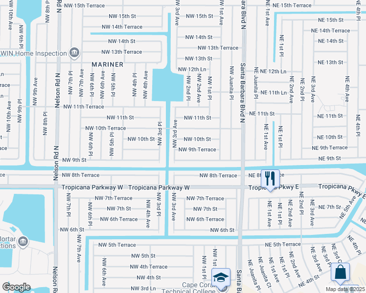 map of restaurants, bars, coffee shops, grocery stores, and more near 221 Northwest 9th Terrace in Cape Coral