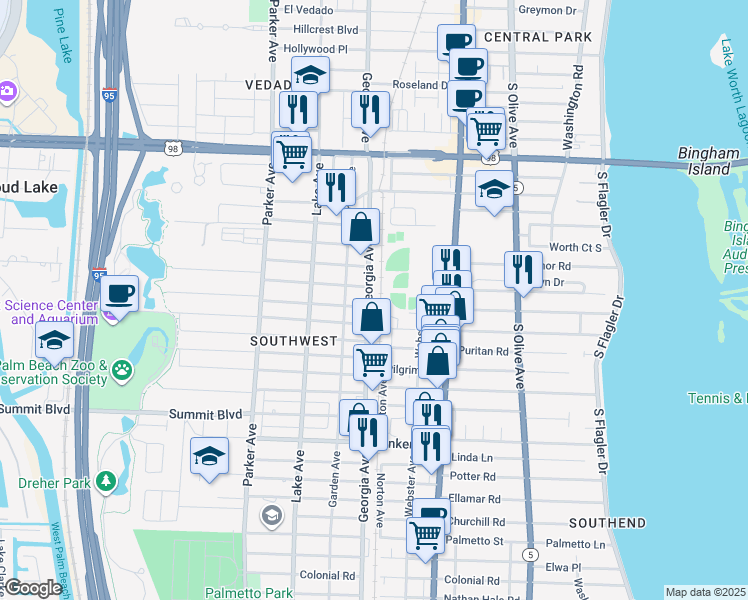 map of restaurants, bars, coffee shops, grocery stores, and more near 4700 Georgia Avenue in West Palm Beach