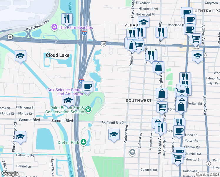 map of restaurants, bars, coffee shops, grocery stores, and more near 1005 West Lakewood Road in West Palm Beach