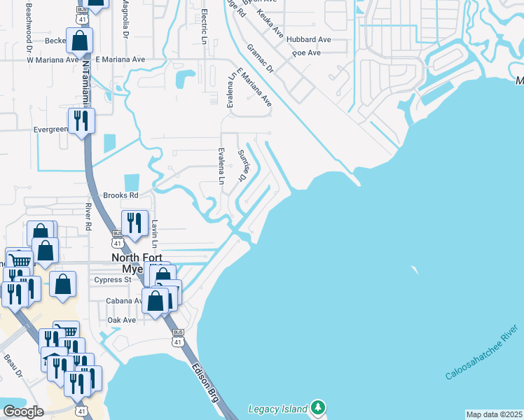 map of restaurants, bars, coffee shops, grocery stores, and more near 359 East North Shore Drive in North Fort Myers