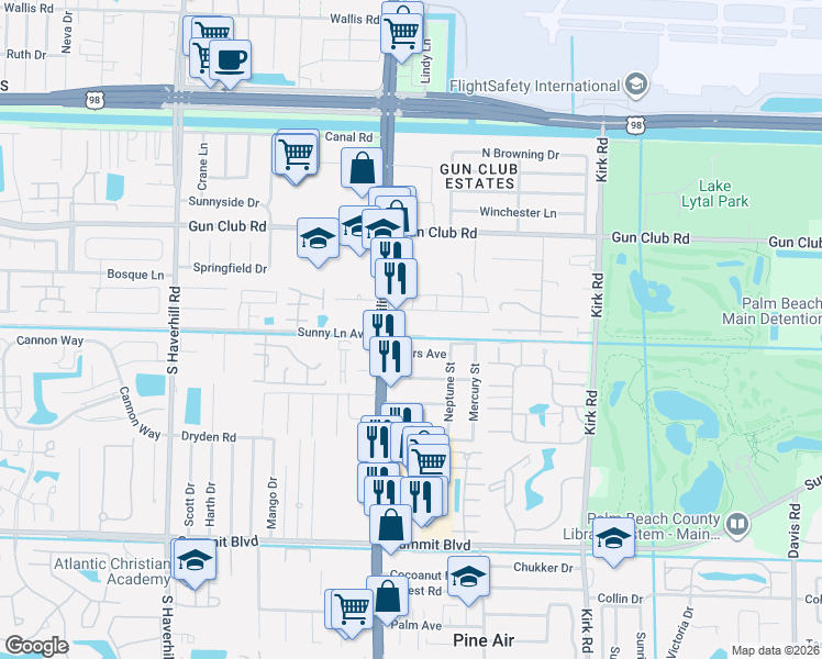 map of restaurants, bars, coffee shops, grocery stores, and more near 4447 Sunny Lane Avenue in West Palm Beach