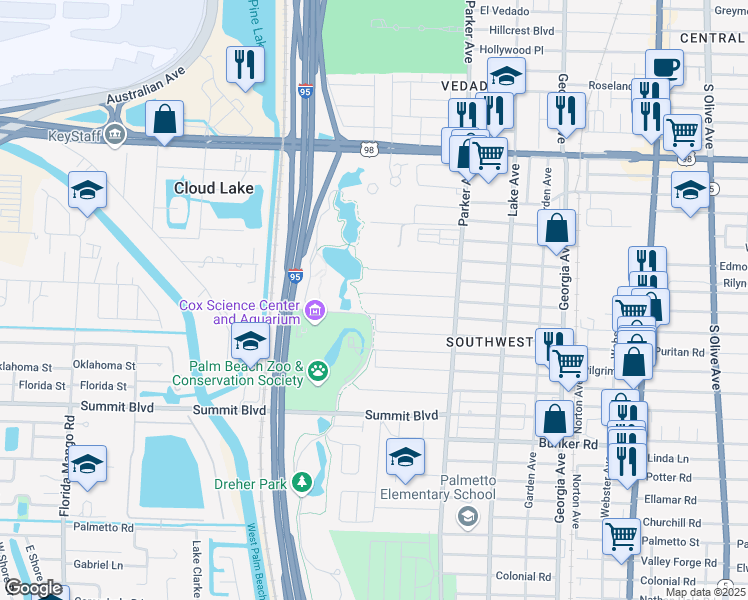 map of restaurants, bars, coffee shops, grocery stores, and more near 1032 Francis Street in West Palm Beach