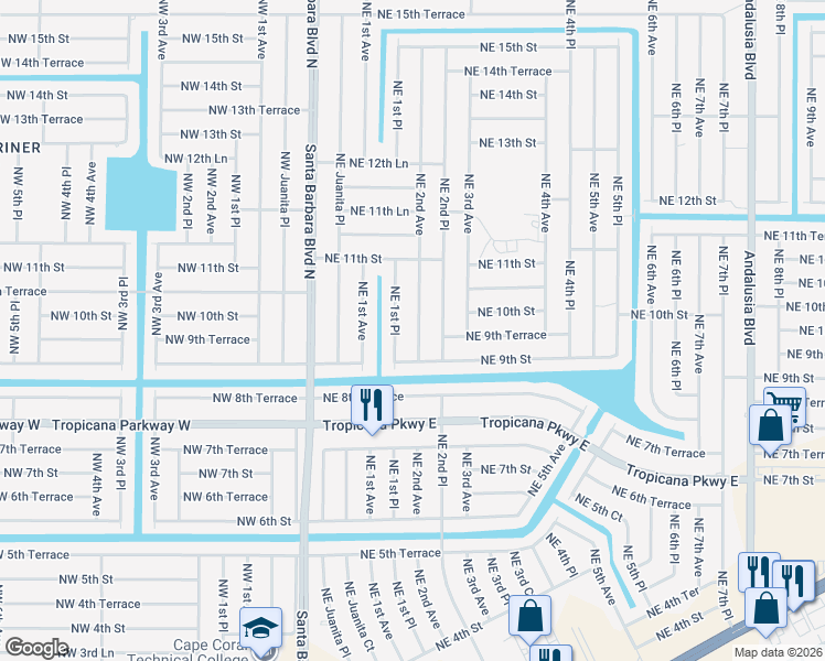 map of restaurants, bars, coffee shops, grocery stores, and more near 914 Northeast 2nd Avenue in Cape Coral