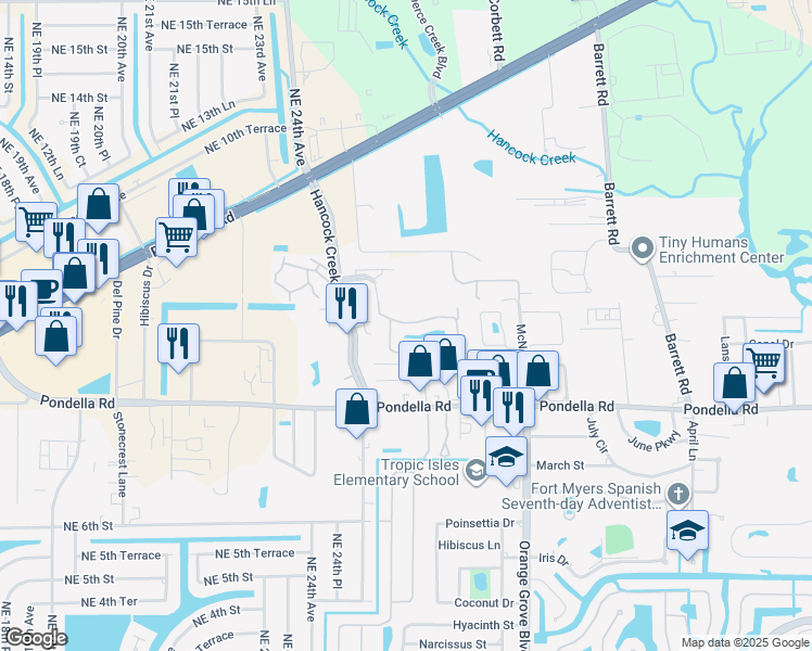 map of restaurants, bars, coffee shops, grocery stores, and more near 1051-1149 Winding Pines Circle in North Fort Myers