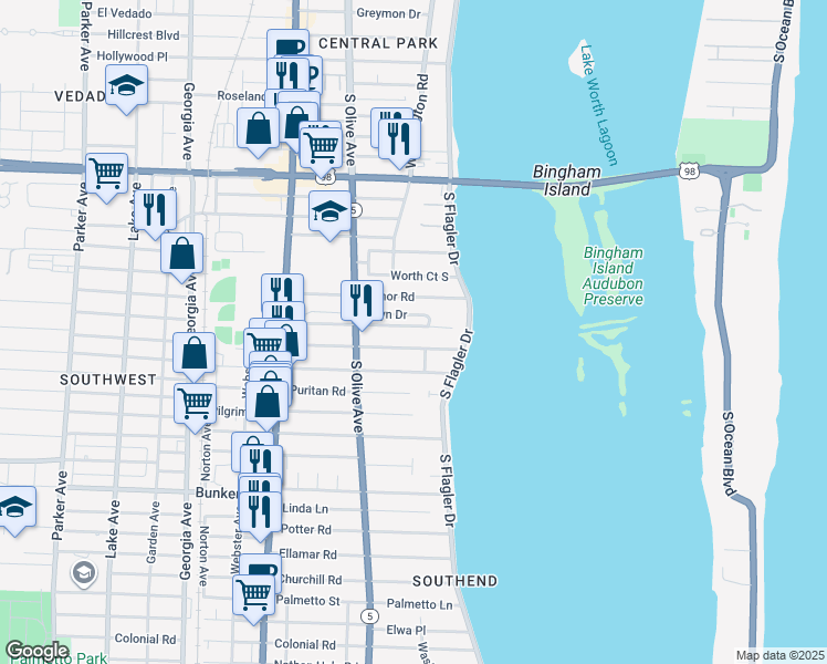 map of restaurants, bars, coffee shops, grocery stores, and more near 225 Murray Road in West Palm Beach
