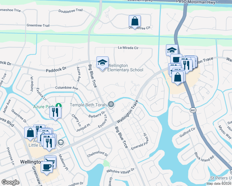 map of restaurants, bars, coffee shops, grocery stores, and more near 13313 Kingsbury Drive in Wellington