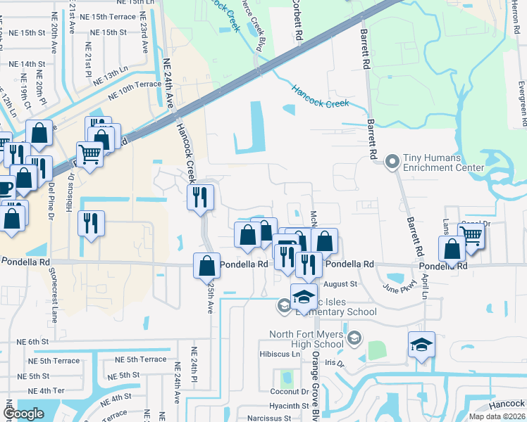 map of restaurants, bars, coffee shops, grocery stores, and more near 1083 Winding Pines Circle in Cape Coral