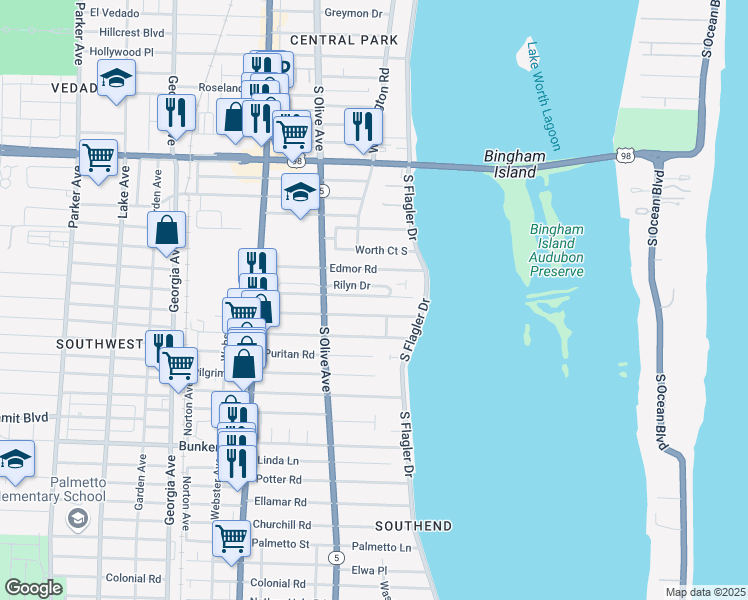 map of restaurants, bars, coffee shops, grocery stores, and more near 225 Murray Road in West Palm Beach