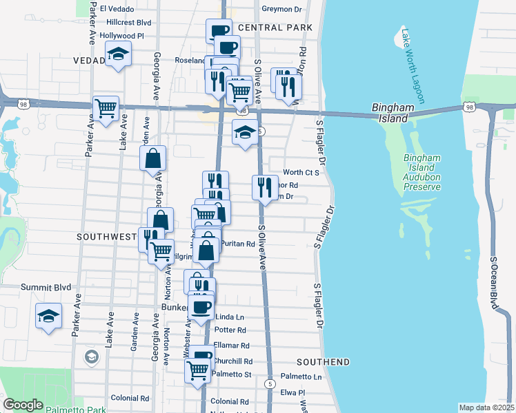 map of restaurants, bars, coffee shops, grocery stores, and more near 257 Murray Road in West Palm Beach