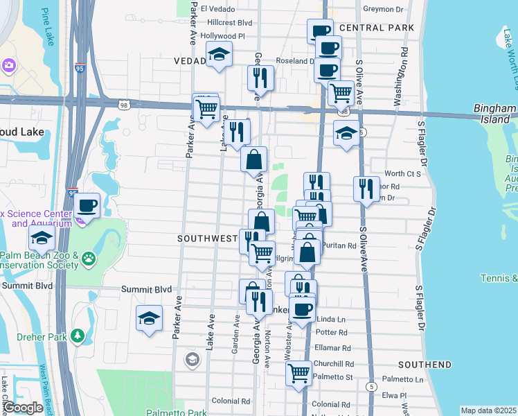 map of restaurants, bars, coffee shops, grocery stores, and more near 4700 Georgia Avenue in West Palm Beach