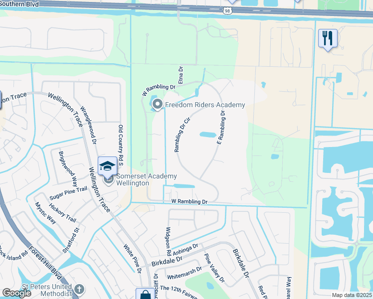map of restaurants, bars, coffee shops, grocery stores, and more near 708 Rambling Drive Circle in Wellington