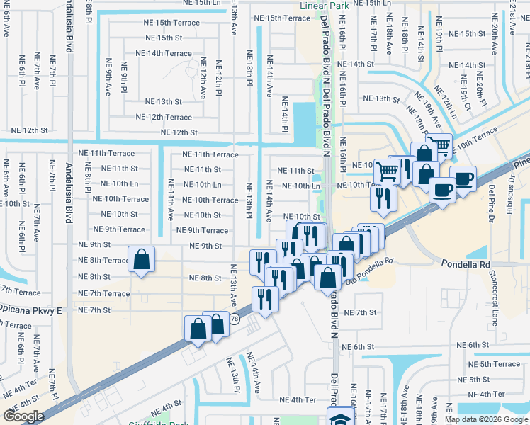 map of restaurants, bars, coffee shops, grocery stores, and more near 1402 Northeast 10th Street in Cape Coral