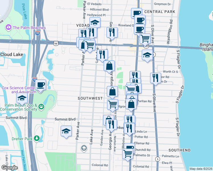 map of restaurants, bars, coffee shops, grocery stores, and more near 4716 Garden Avenue in West Palm Beach