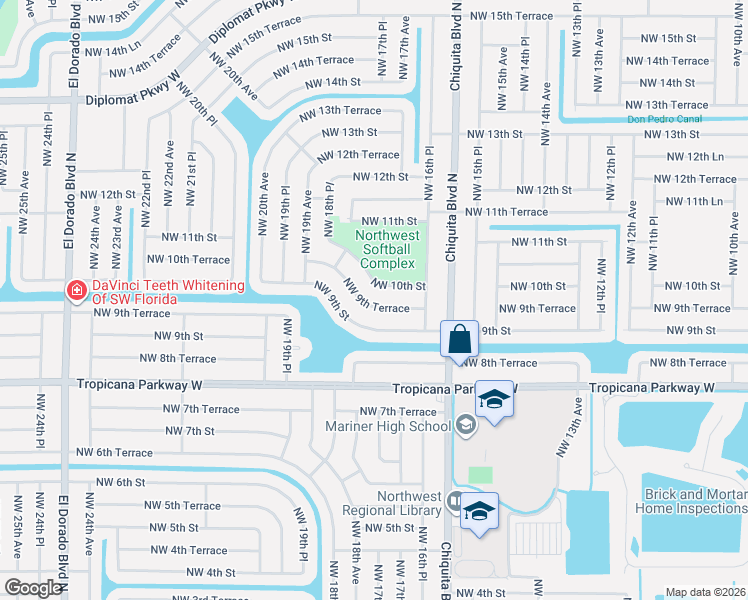 map of restaurants, bars, coffee shops, grocery stores, and more near 1730 Northwest 9th Terrace in Cape Coral