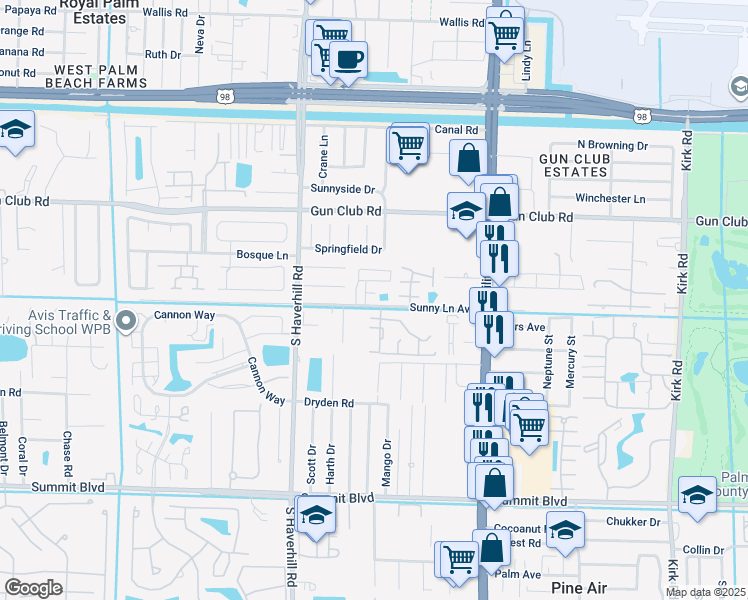 map of restaurants, bars, coffee shops, grocery stores, and more near 4859 Sunny Lane Avenue in West Palm Beach
