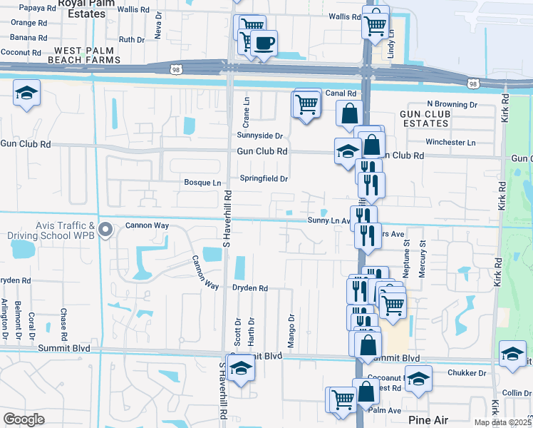 map of restaurants, bars, coffee shops, grocery stores, and more near 4859 Sunny Lane Avenue in West Palm Beach