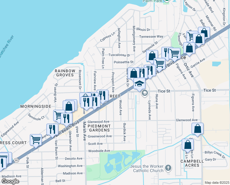 map of restaurants, bars, coffee shops, grocery stores, and more near 405 Prospect Avenue in Fort Myers