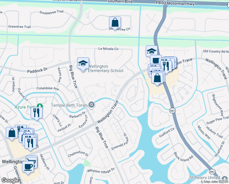 map of restaurants, bars, coffee shops, grocery stores, and more near 10 Dartford Trail in Wellington