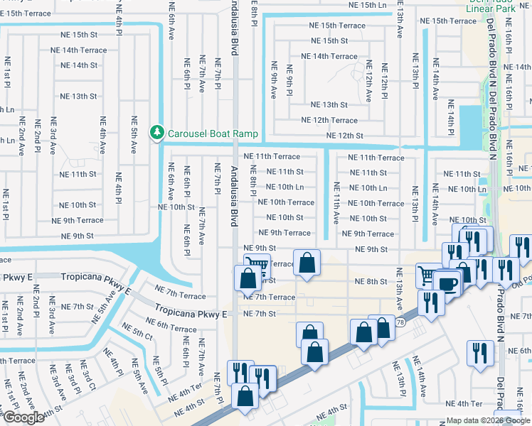 map of restaurants, bars, coffee shops, grocery stores, and more near 825 Northeast 10th Street in Cape Coral