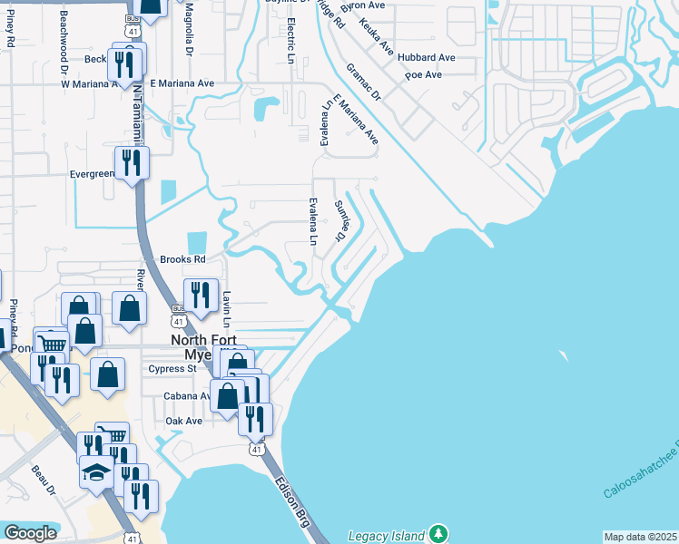 map of restaurants, bars, coffee shops, grocery stores, and more near 330 Bamboo Drive in North Fort Myers