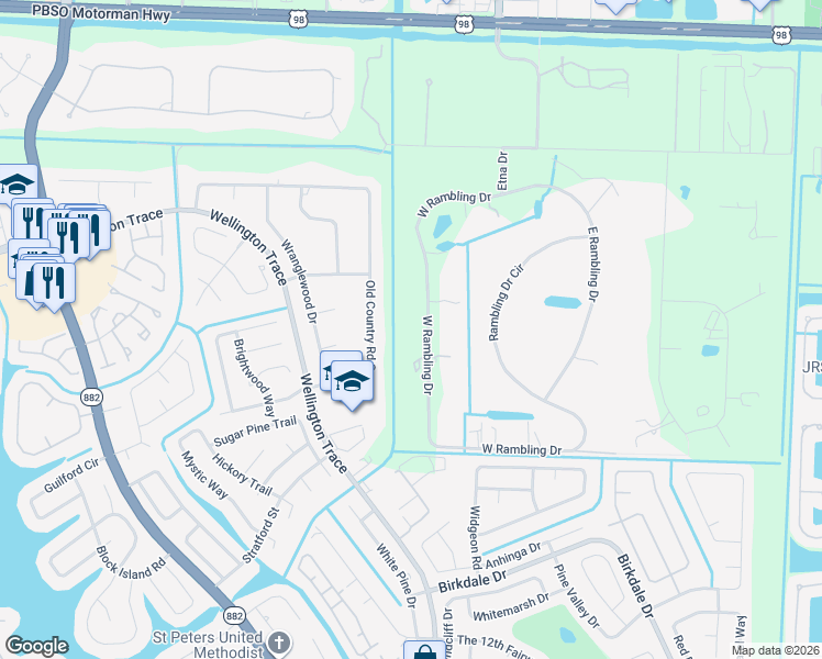 map of restaurants, bars, coffee shops, grocery stores, and more near 703 West Rambling Drive in Wellington