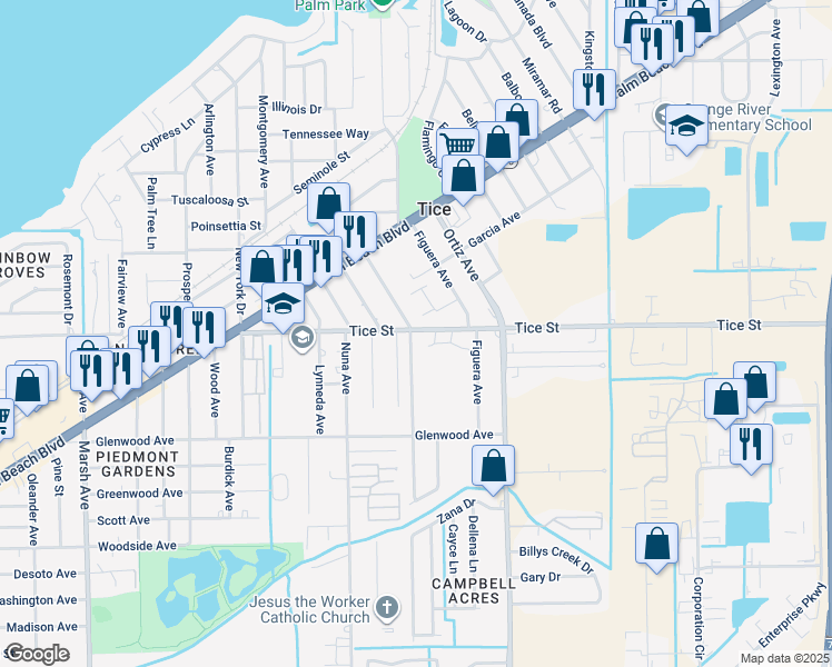 map of restaurants, bars, coffee shops, grocery stores, and more near 522 Carolina Avenue in Fort Myers