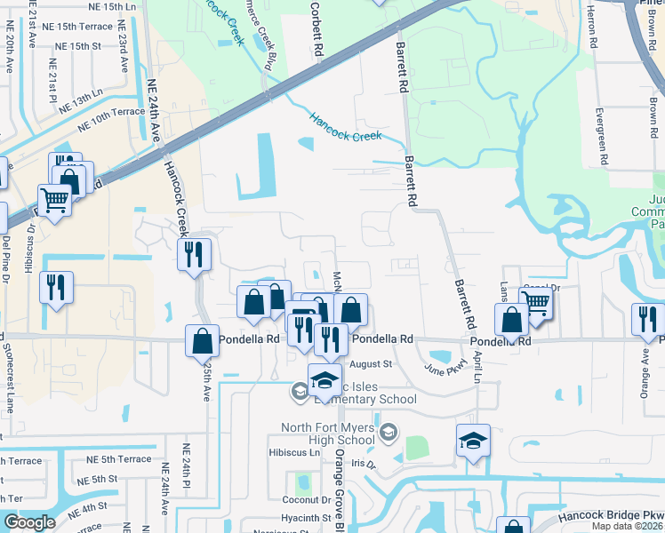 map of restaurants, bars, coffee shops, grocery stores, and more near 14122 Warner Circle in North Fort Myers