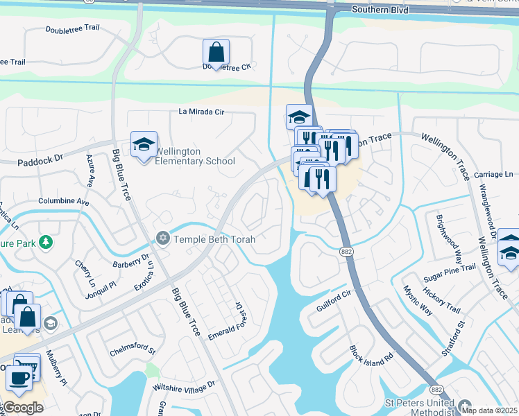 map of restaurants, bars, coffee shops, grocery stores, and more near 1 Forest Club Drive in Wellington
