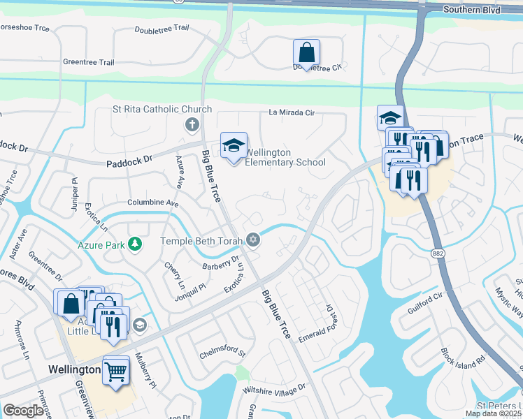 map of restaurants, bars, coffee shops, grocery stores, and more near 13368 Georgian Court in Wellington