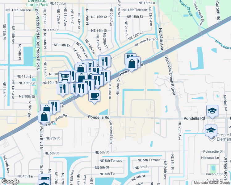 map of restaurants, bars, coffee shops, grocery stores, and more near 1302 Del Pine Drive in Cape Coral