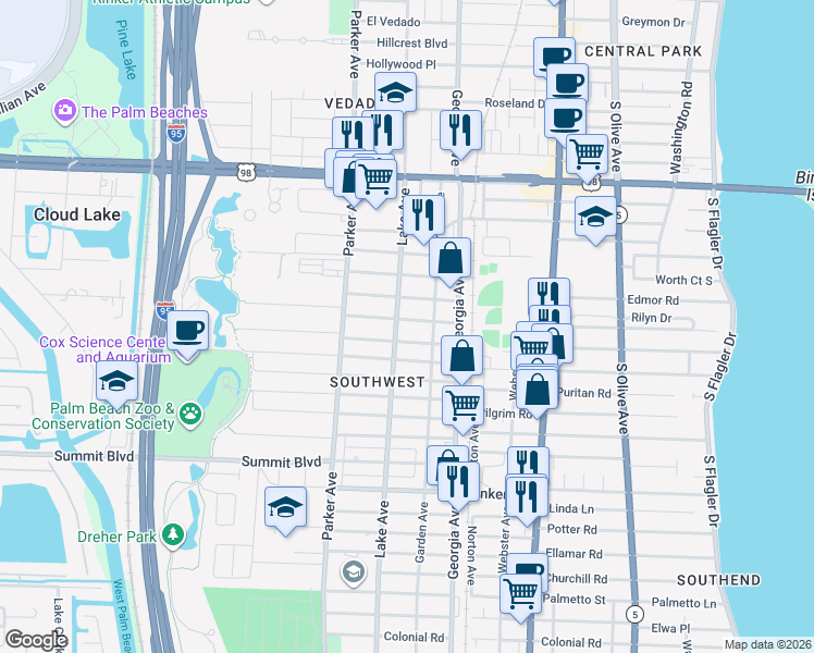 map of restaurants, bars, coffee shops, grocery stores, and more near 730 Francis Street in West Palm Beach
