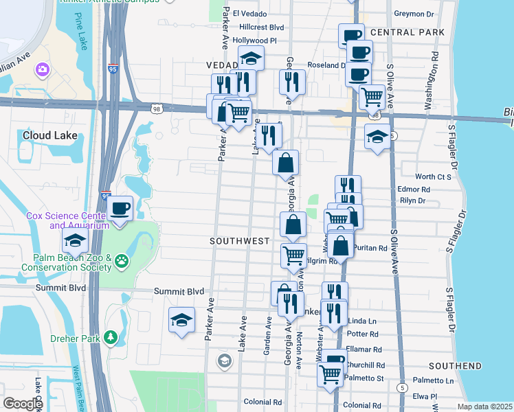 map of restaurants, bars, coffee shops, grocery stores, and more near 730 Francis Street in West Palm Beach