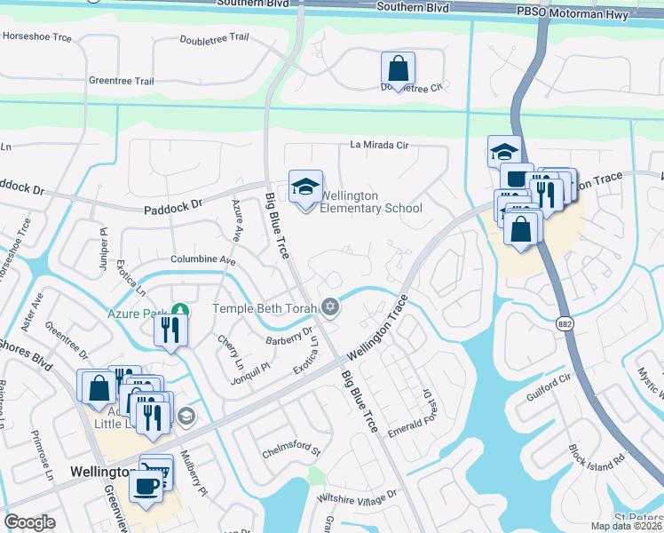 map of restaurants, bars, coffee shops, grocery stores, and more near 13435 Georgian Court in Wellington