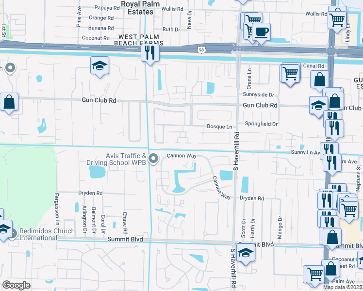 map of restaurants, bars, coffee shops, grocery stores, and more near 5320 Bosque Lane in West Palm Beach