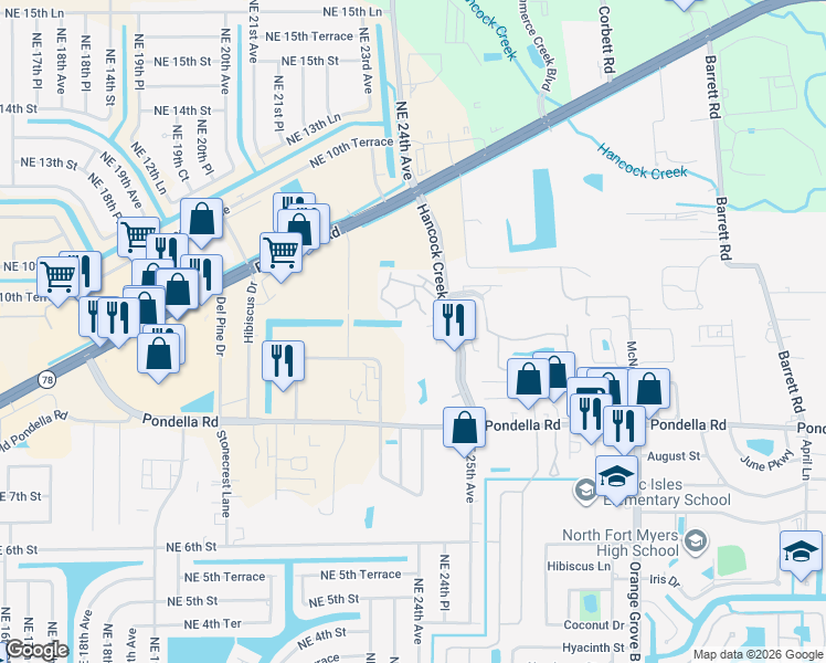 map of restaurants, bars, coffee shops, grocery stores, and more near 1050 Hancock Creek South Boulevard in Cape Coral
