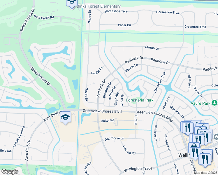 map of restaurants, bars, coffee shops, grocery stores, and more near 805 Daffodil Drive in Wellington