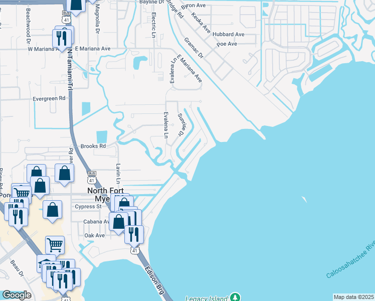 map of restaurants, bars, coffee shops, grocery stores, and more near 355 Bamboo Drive in North Fort Myers