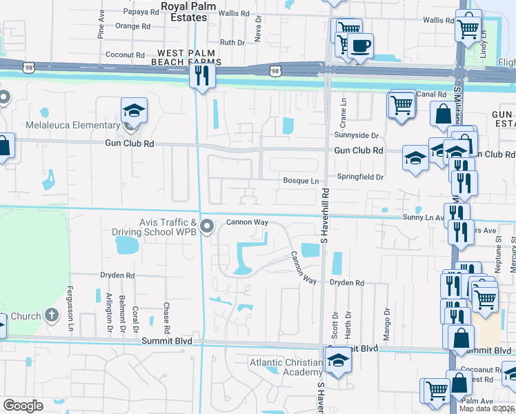 map of restaurants, bars, coffee shops, grocery stores, and more near 5272 Bosque Lane in West Palm Beach