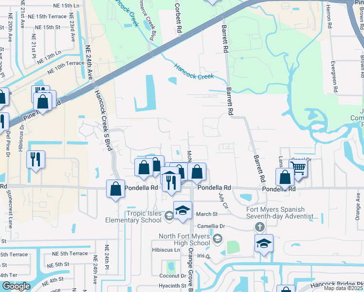 map of restaurants, bars, coffee shops, grocery stores, and more near 14233 Warner Circle in North Fort Myers