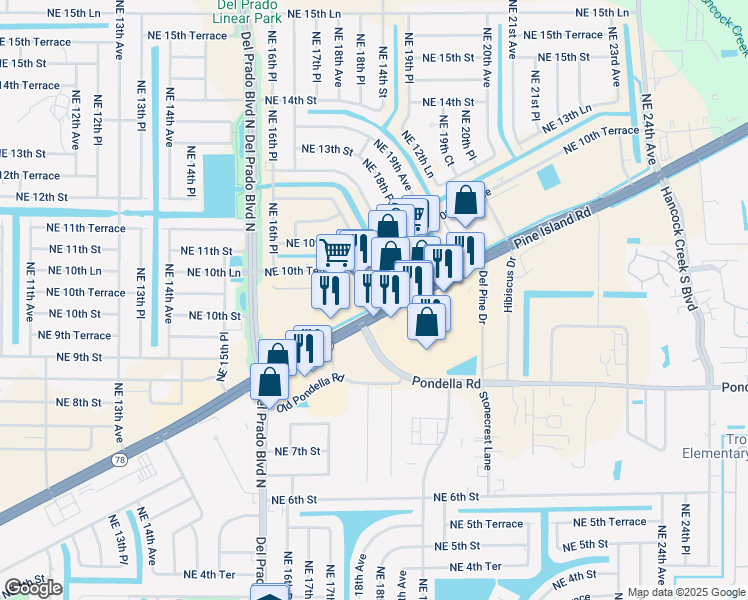 map of restaurants, bars, coffee shops, grocery stores, and more near 1801 Northeast Pine Island Road in Cape Coral