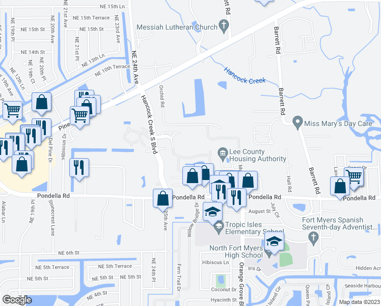 map of restaurants, bars, coffee shops, grocery stores, and more near 1051-1149 Winding Pines Circle in North Fort Myers