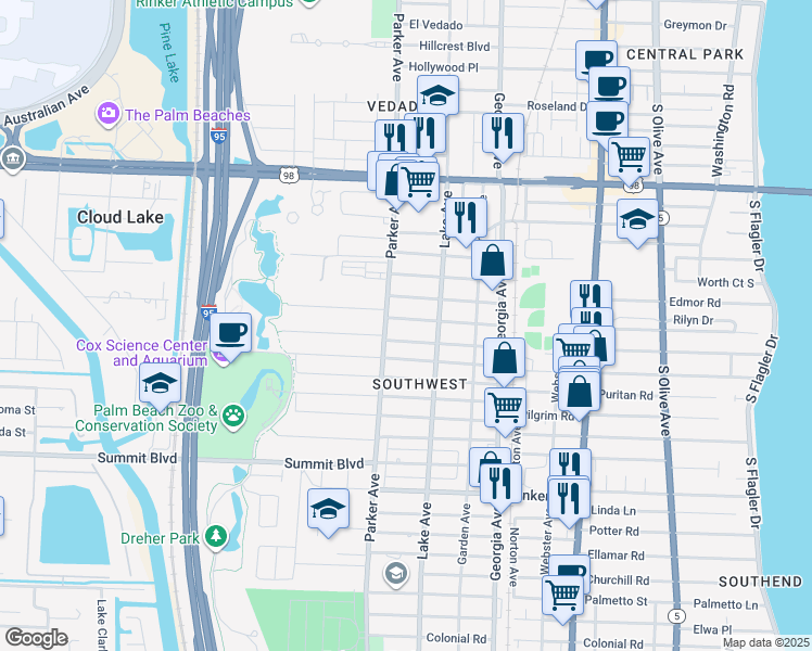 map of restaurants, bars, coffee shops, grocery stores, and more near 840 Bradley Street in West Palm Beach